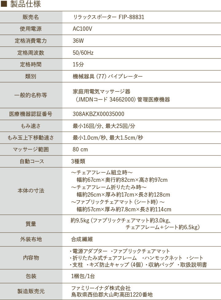 RELAX PORTER FIP-88831の製品仕様